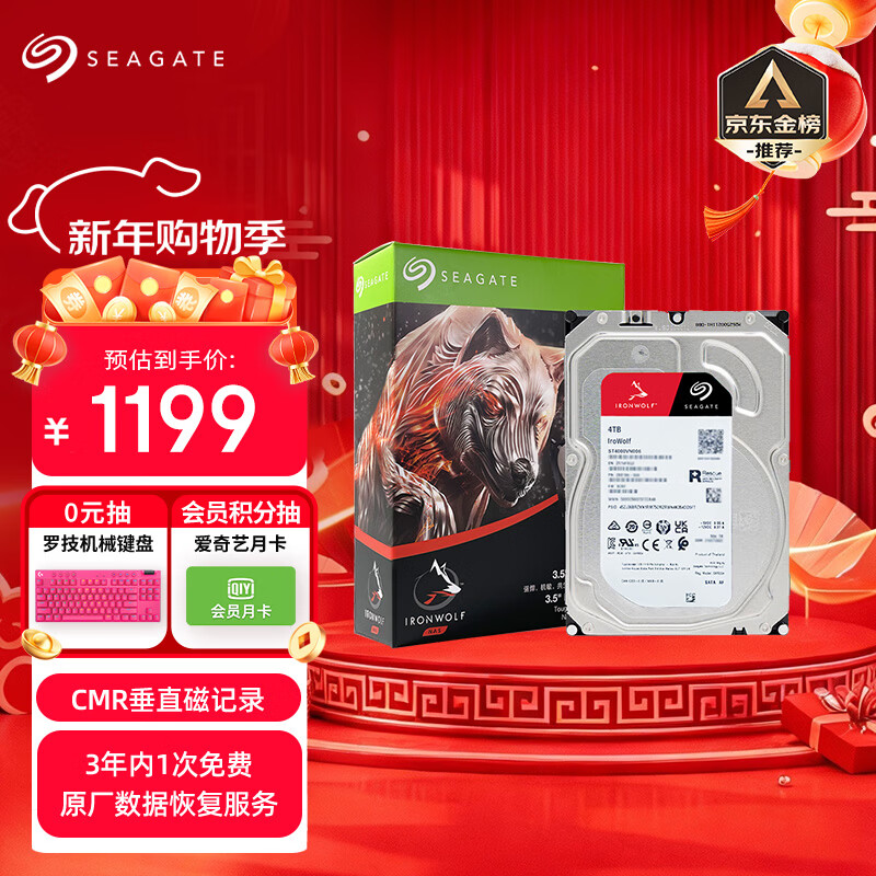 希捷（SEAGATE）NAS硬盘 4TB 256MB 机械硬盘 CMR垂直 静音低耗 数据恢复服务 3.5英寸 希捷酷狼 ST4000VN006