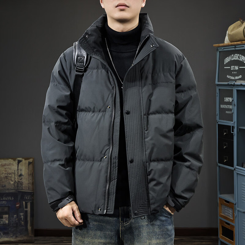 潮天士2026新款肌理感短款羽绒服男冬装立领防寒服外套男款冬季保暖上衣 幻影黑 M 【100-130斤】
