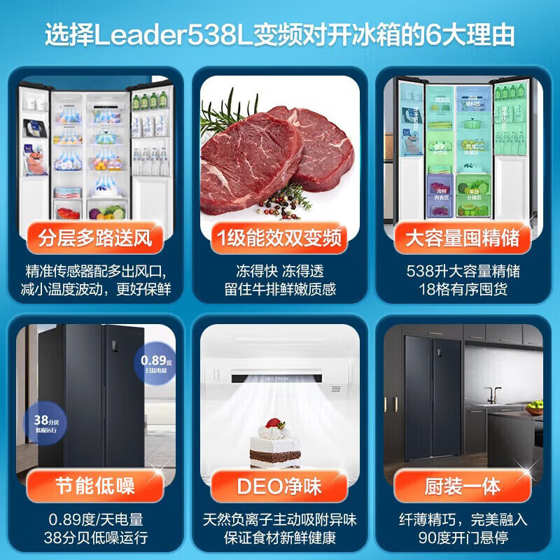 统帅（Leader）海尔智家出品538升风冷一级能效变频对开门双开门家用超大容量电冰箱BCD-538WGLSSEDBX国家补贴