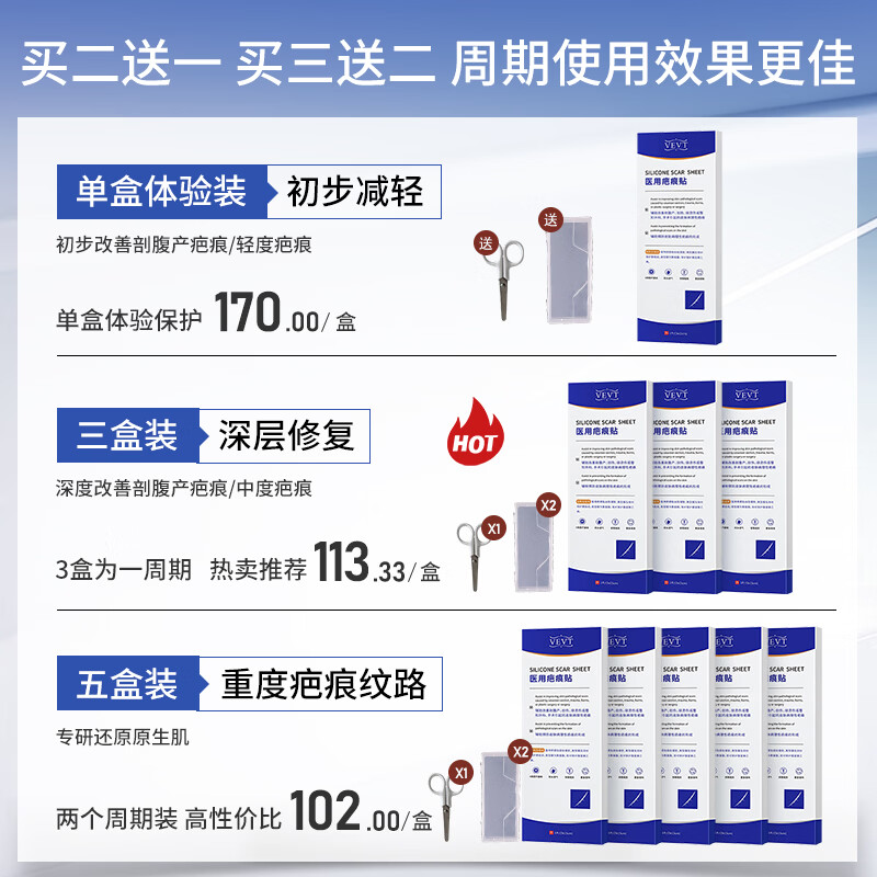VEVT疤痕贴VVT硅酮贴EVT小蓝板剖腹产疤痕贴硅酮改善疤痕 一盒装（新生疤痕）