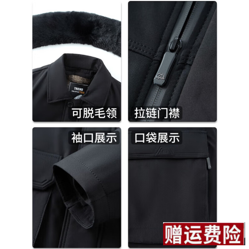 KBXNG劲霸男士爸爸冬装外套中老年人棉衣加绒加厚中长款棉袄冬季 黑色【加绒加厚丨毛领内胆可拆】 5XL 200