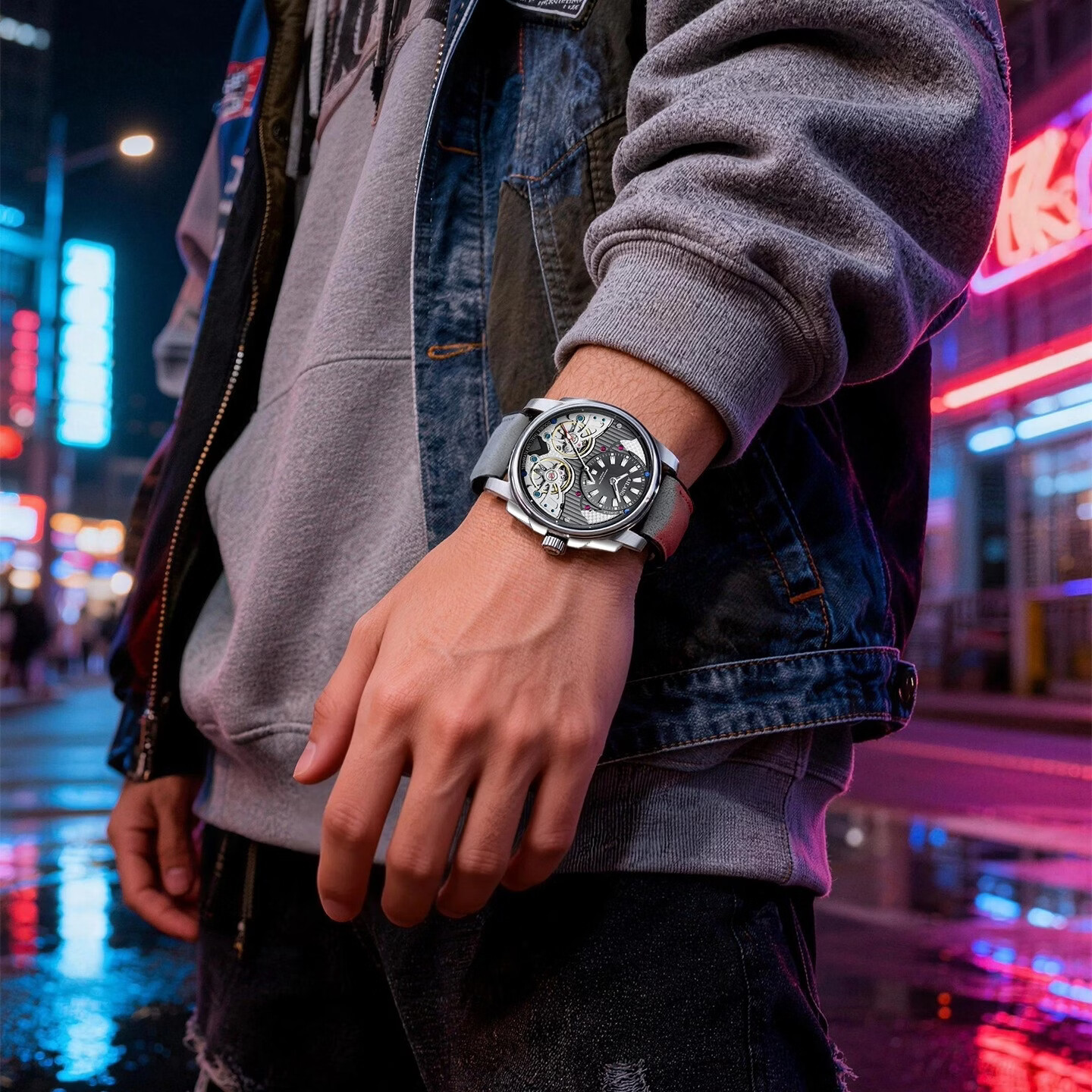 艾浪2026新款双子星男士全自动机械表潮玩高端商务品牌腕表礼物高级感 炽玫金-灰色皮带【高定礼盒+送皮带】 42mm