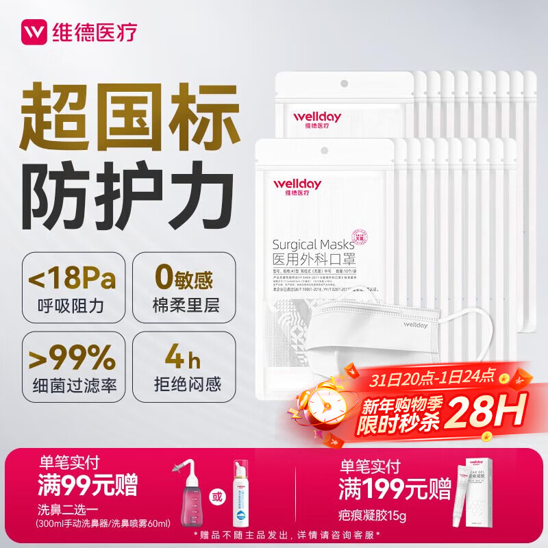 维德（WELLDAY）一次性成人医用外科口罩200只秋冬透气防尘防花粉雾霾口罩灭菌级