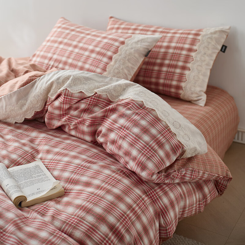 ROLAND LIVE全棉色织水洗棉四件套文艺小格子花边被套床单1.8m床透气床上用品 KZ 色织水洗棉套件-利奥红蕉 1.2米床 床单款 【被套150*200cm】