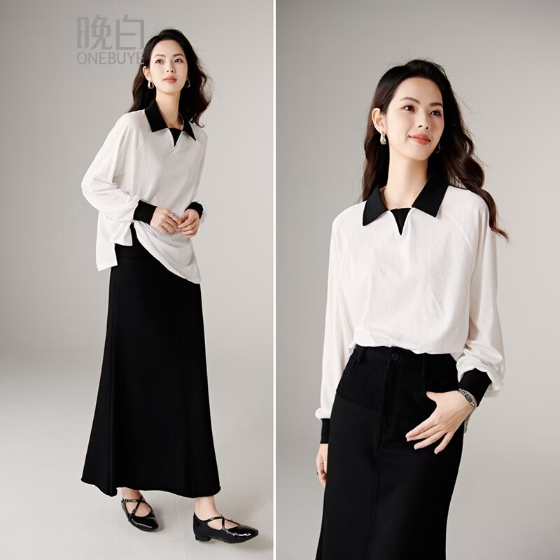 晚白【专享】2026春款休闲撞色亲肤棉质上衣时尚翻领轻薄大码T恤衫女 白色 M