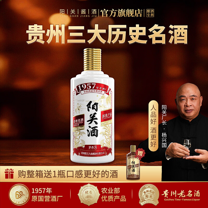 阳关酒·茅香8 贵州名酒酱香型高度白酒纯粮酿造 53度500ml（雅白版） 53%vol 500mL 1瓶 （尝鲜装）