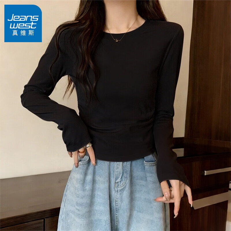 真维斯（Jeanswest）米色褶皱长袖t恤女士春秋新款收腰打底衣女内搭高级感可外穿上衣 黑色 纯色 L
