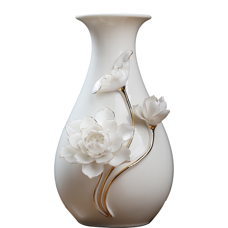 東方泥土高檔描金陶瓷花瓶輕奢擺件 客廳餐桌插花家居新中式白色干花瓷器 描金蓮花花瓶（中號）