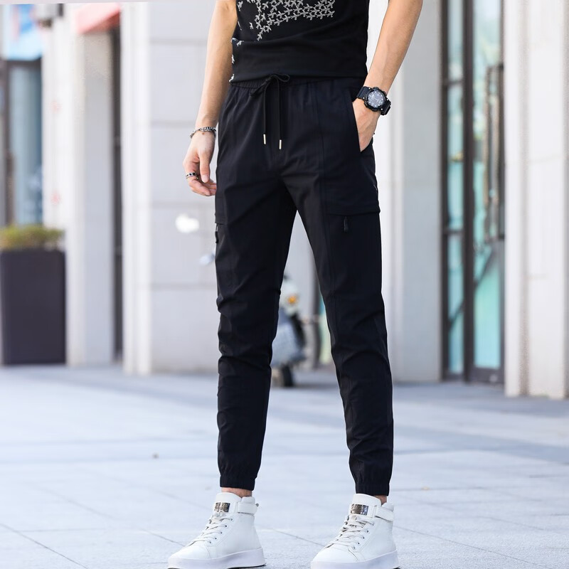 迪欧图（DIOUTU）时尚潮牌夏季新款男士松紧腰休闲裤男今年流行的时髦修身束脚长裤 KDL-1911黑色 28码/建议体重95-110