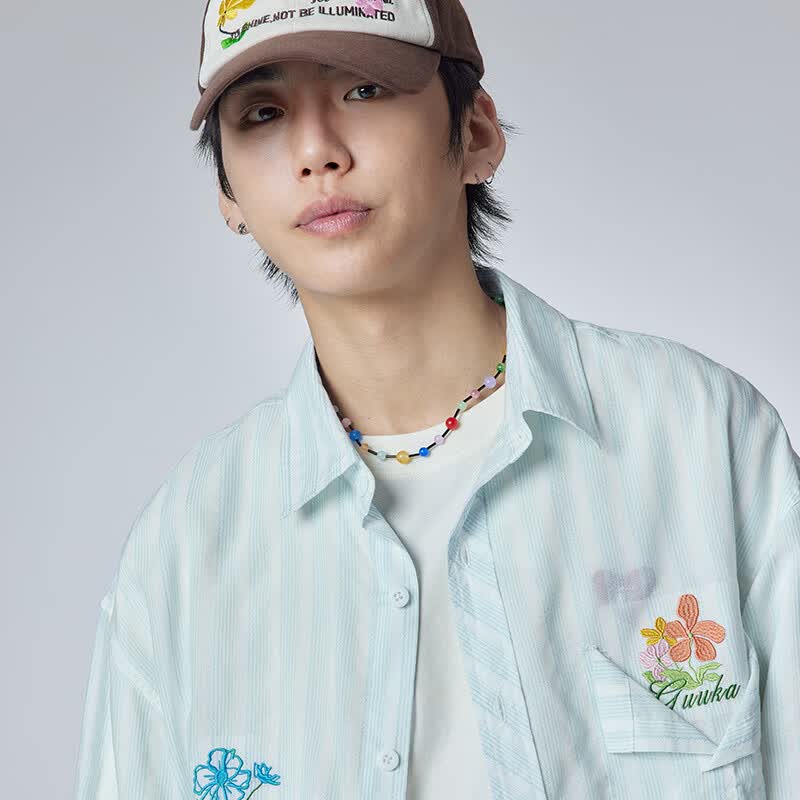 古由卡(GUUKA)美式休闲简约大气条纹衬衫男春新款 创意绣花轻薄艺术感纯棉外套 浅蓝 M