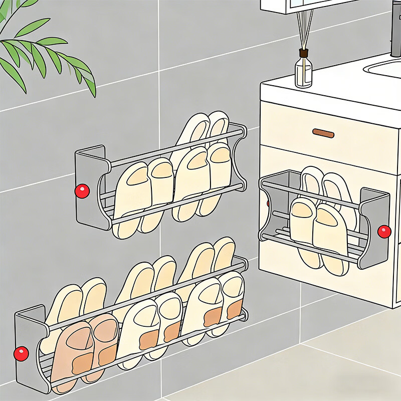 尔思家浴室拖鞋挂架卫生间神器大全沥水架免打孔置物架墙上壁挂式鞋架 枪灰色-三人位