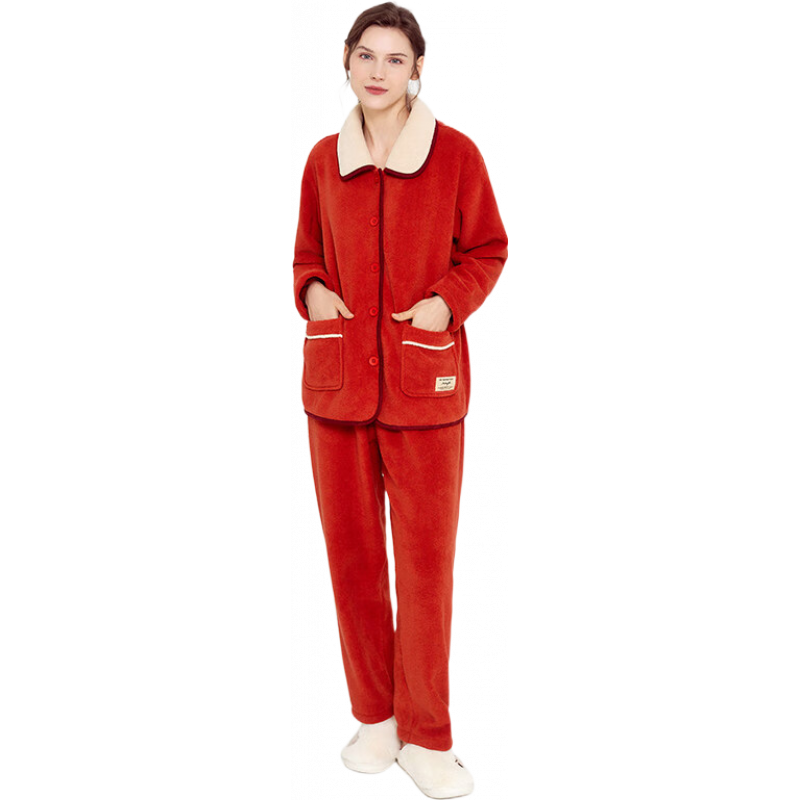 富妮來(lái)（lunilai）情侶家居服珊瑚絨睡衣加絨加厚撞色保暖居家可外穿套裝男女 棕紅 M