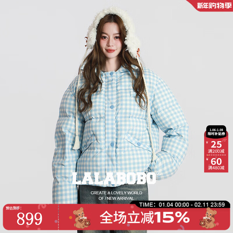 LALABOBO【商场同款】白鸭绒羽绒服25年冬新潮原创格子外套女RBED-WSYR16 蓝色 S