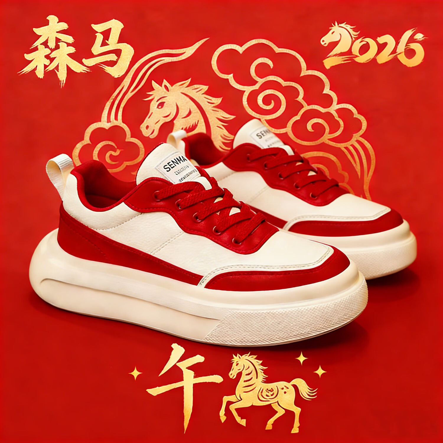 森馬【马年限定】男鞋2026潮流百搭红色本命年运动增高厚底休闲板鞋男 白红【基础款】 38 标准码数/现货秒发