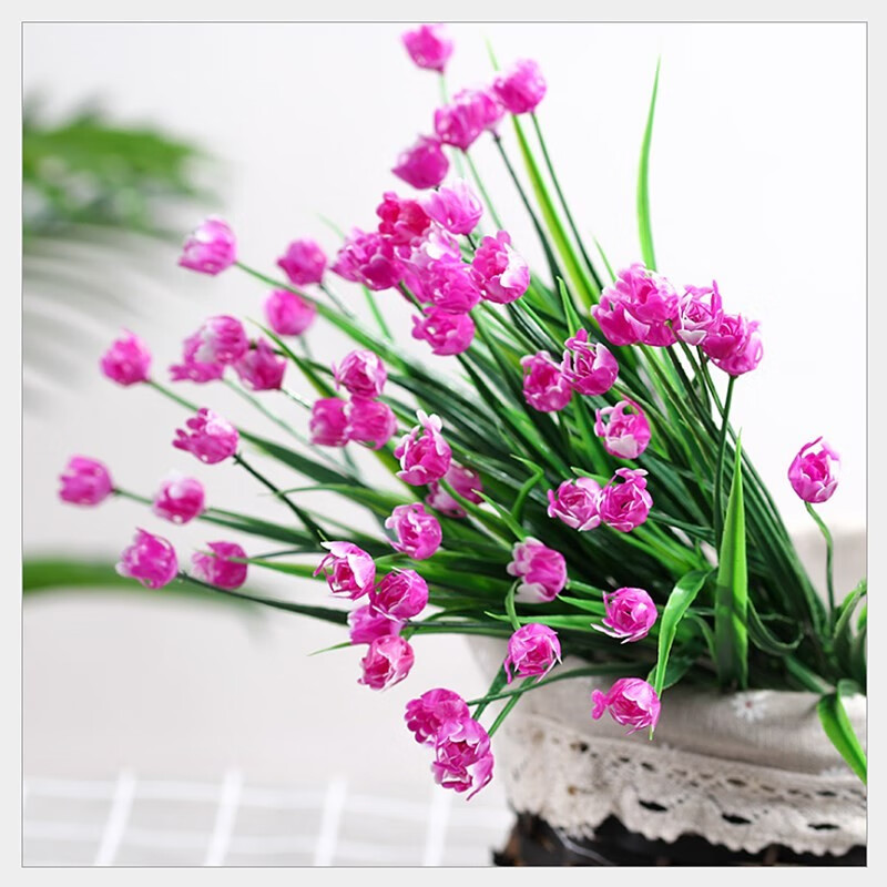 假植物小草花塑料花栅栏花槽隔断插花花绿草 2束装 仿真夕阳红郁金香