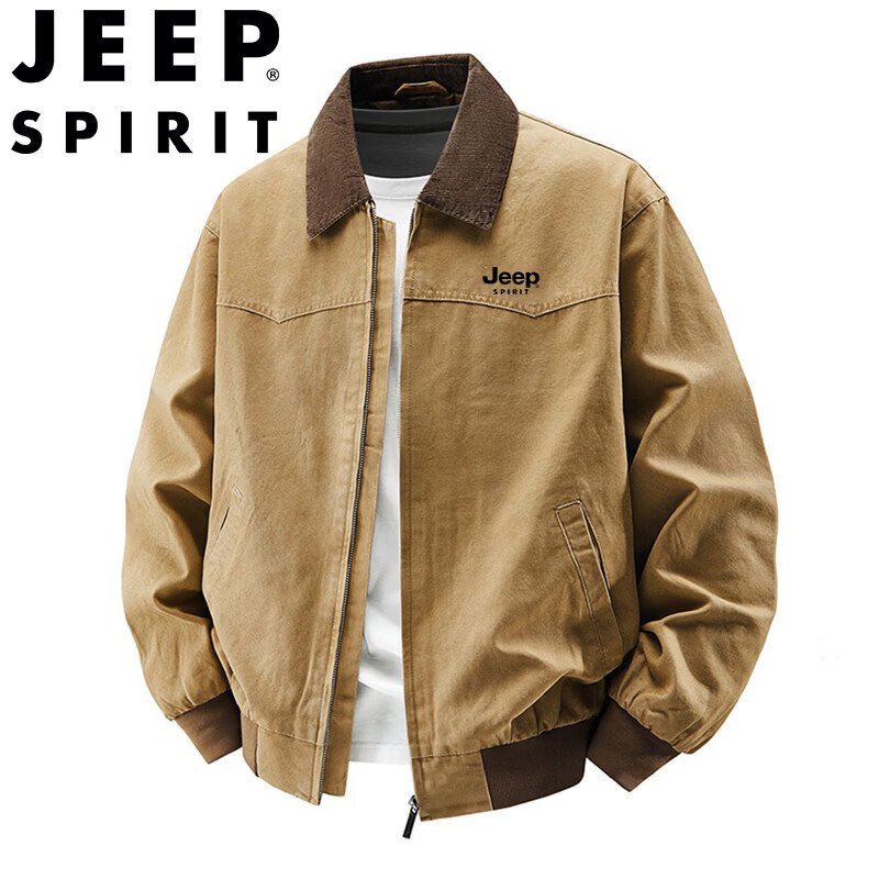 JEEP SPIRIT吉普夹克男士春秋季翻领防风百搭工装复古宽松休闲外套 深卡其 L