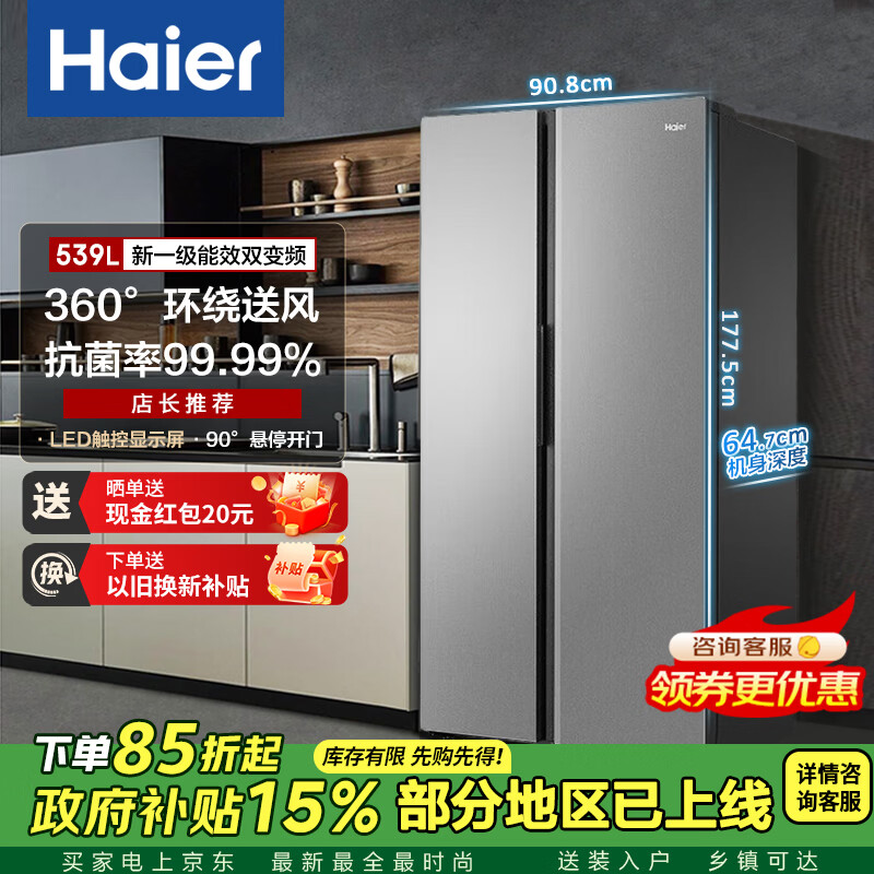 海尔（Haier）家电大容量囤货海尔冰箱双开门冰箱539升电冰箱一级变频大超薄家用冰箱风冷无霜  铂岩灰 对开门 铂岩灰539L