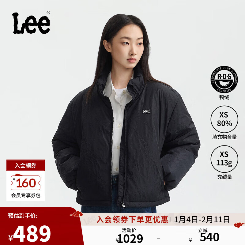 Lee25秋冬新品舒适版立领裂纹图案小Logo徽标女羽绒服 黑色 M