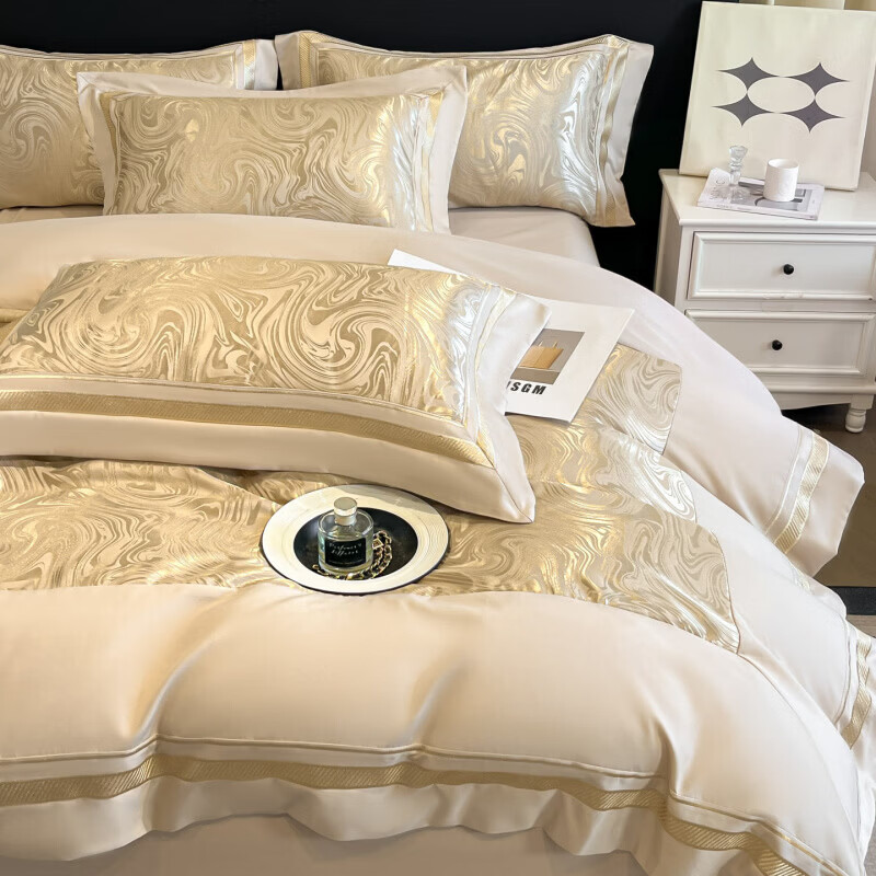 水星家纺100支床上四件套纯棉轻奢贡缎提花全棉床单纯棉被套床品 海韵-香槟 床笠款 2.0四件套-被套220x240