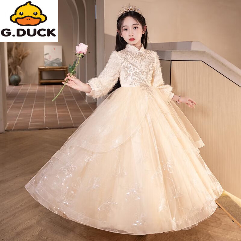 G.duck女童礼服主持人秋冬花童小女孩高端轻奢儿童生日公主裙钢琴出演服 1518长款香槟不加绒 关注送水晶皇冠 160 cm