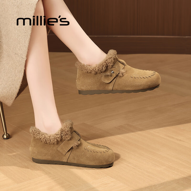 妙丽（Millies）勃肯鞋女低跟加绒时尚舒适休闲2025冬季新款百搭防寒保暖雪地靴 驼色 37 (235mm) 标准码