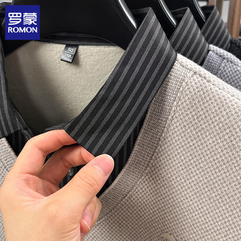 罗蒙（ROMON）仿雪貂绒加绒假两件毛衣男2025冬季新款保暖衬衫领男士针织打底衫 灰色 XL (建议体重135-150斤)