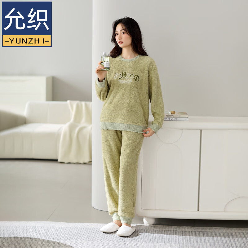 允织睡衣女士冬季半边绒加绒加厚套头女款高级感可外穿女款家居服套装 82802-荷绿 M (160) ：建议90-110斤穿着