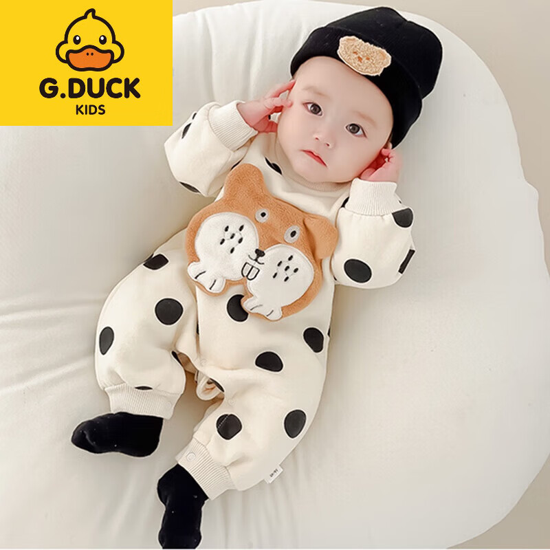 G.duck加绒保暖纯棉男女宝宝连体衣春装秋冬季新生婴儿衣服睡衣外套出穿 白色波点狗 加绒 73