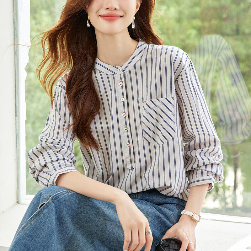 LOOK LOOK韩系慵懒风条纹套头衬衫女 宽松显瘦百搭长袖太绝了 5XL 3XL