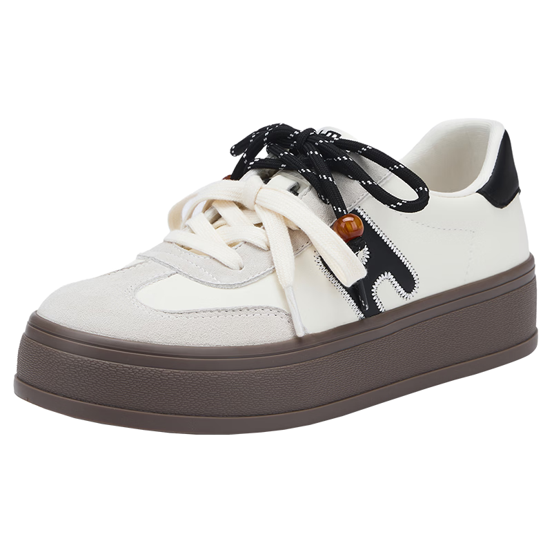 熱風（Hotwind）百搭小白鞋女款2026年春季新款厚底增高休閑鞋雙鞋帶串珠女鞋