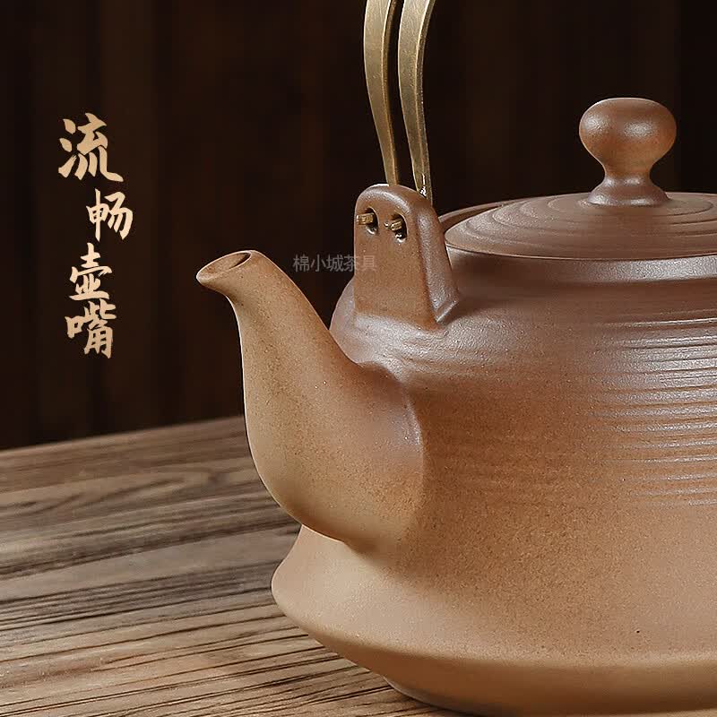 棉小城原矿大容量提梁壶烧水煮茶带内滤陶土壶耐高温煤气灶养生壶 仿火焰木纹电陶炉【送烤盘】+2000ml清欢提梁陶壶+内滤