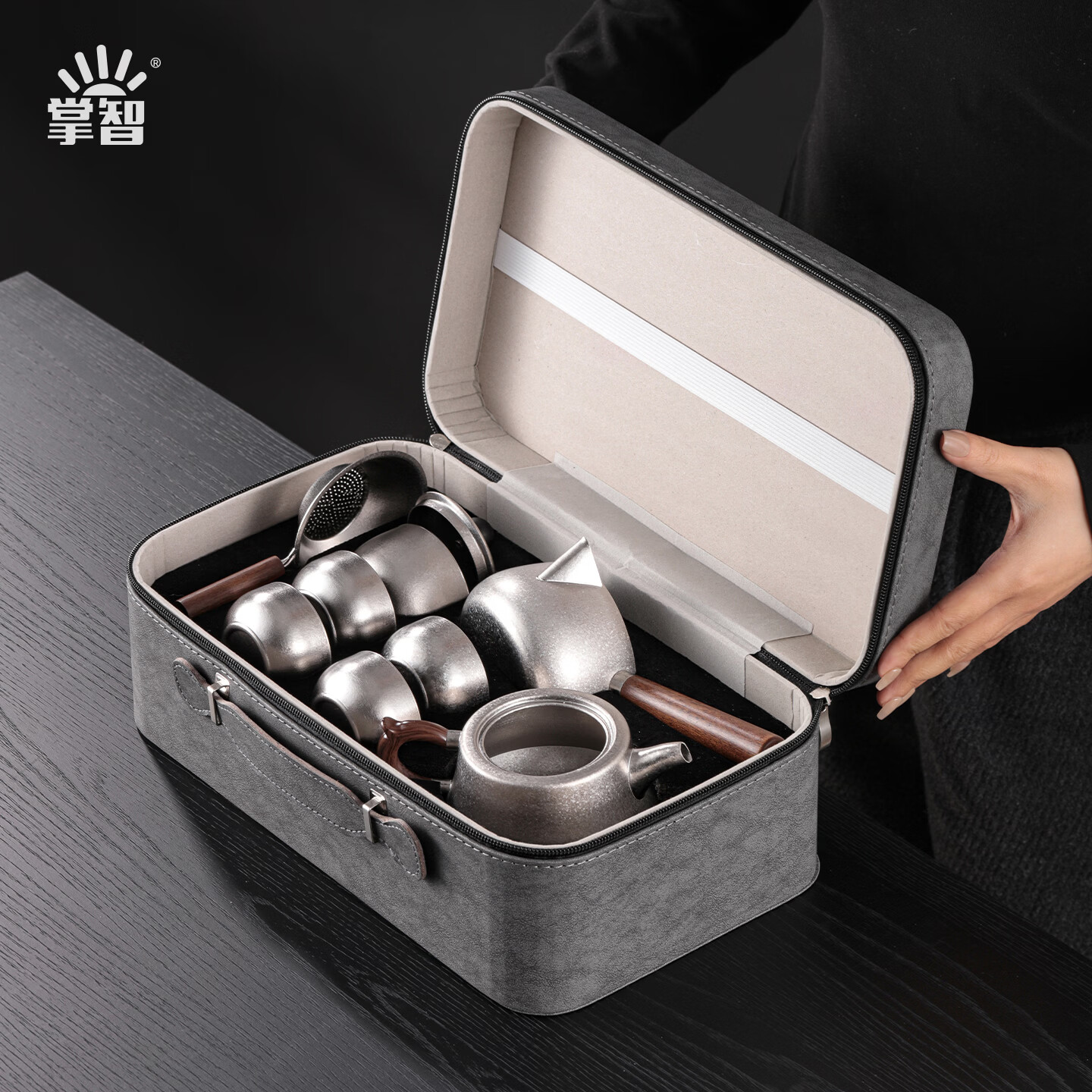 金丘纯钛旅行茶具套装便携式泡茶壶双层防烫茶杯主人杯高端户外套装 灰色 一壶4杯 纯钛豪华9件套