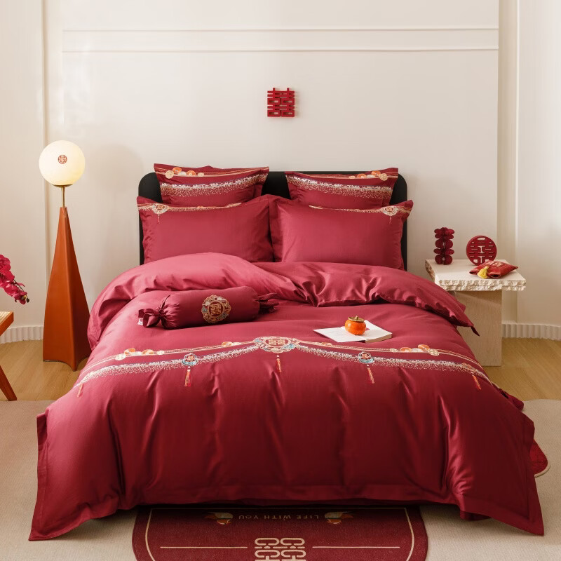 ROLAND LIVE长绒棉红色婚庆四件套刺绣全棉被套床单喜庆新婚铺床床上用品 SY 长绒棉婚庆套件-云锦 标准四件套 |【被套200*230cm】