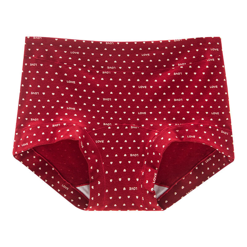 华婷露（Huatinglu）安可拉复古红波点内裤女中腰纯棉马年本命年10A无痕亲肤透气底裤 英文红+小花点+幸运结 M (适合80-100斤)