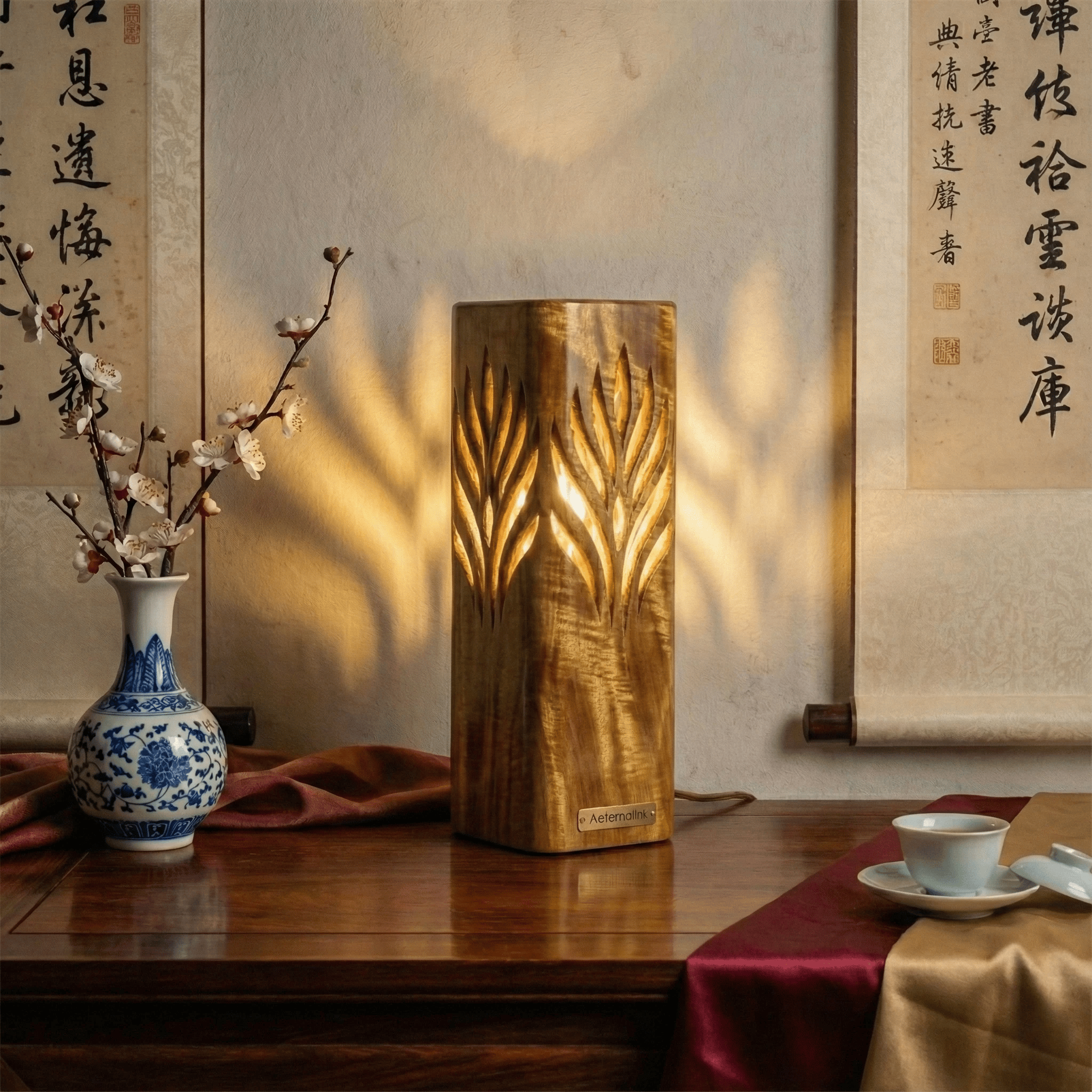 复古欧式自然风金丝楠木雕氛围小夜灯床头台灯 金丝楠木 32*16cm