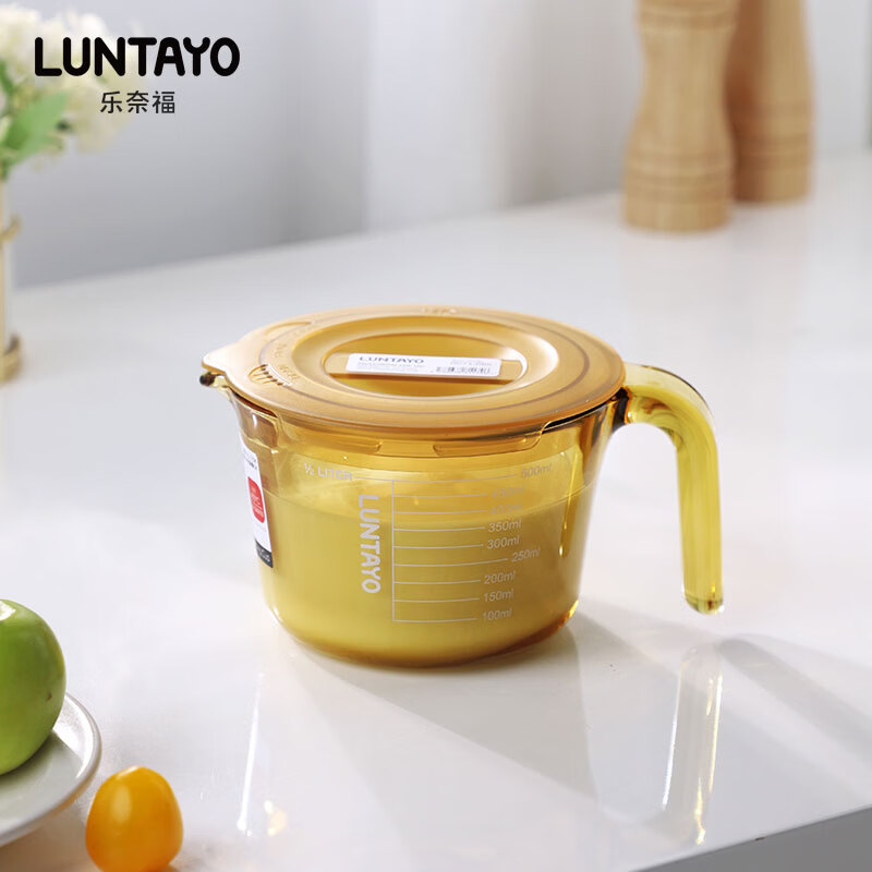 LUNTAYO高硼硅加厚耐热玻璃量杯带刻度烘焙打蛋杯面粉碗 棕色500ml带盖