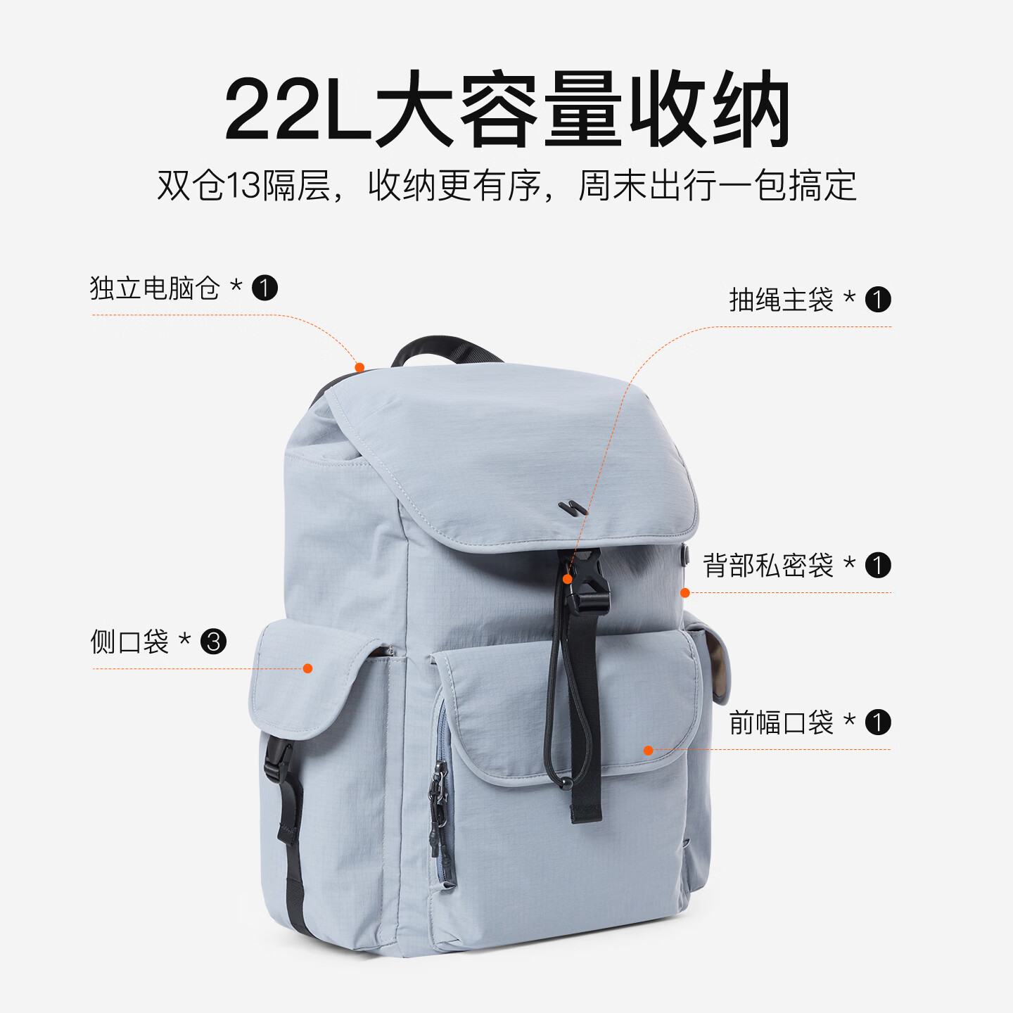 inateck大容量双肩包女16英寸电脑包背包男户外轻便登山旅游旅行学生书包 雾蓝灰