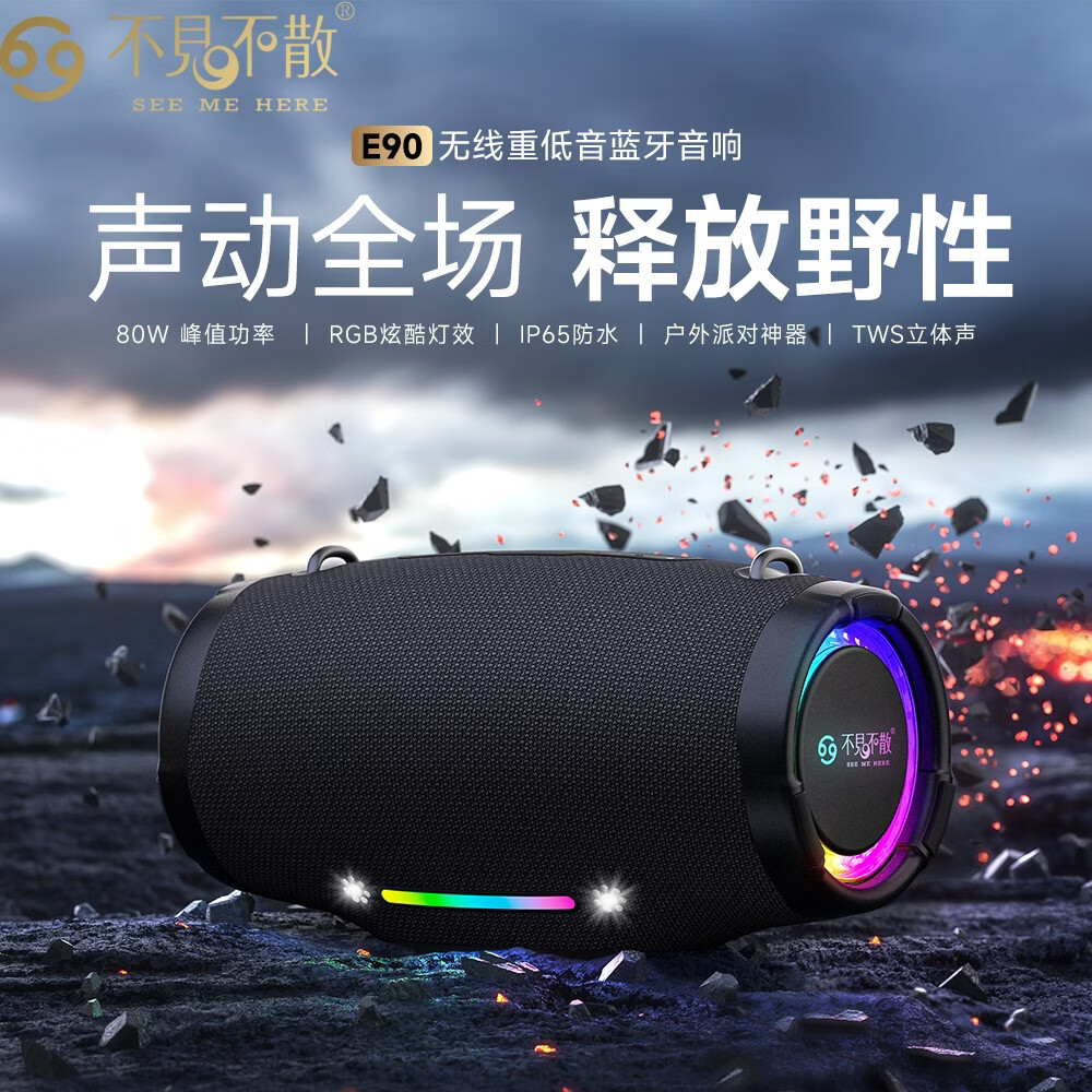 不见不散 SEE ME HERE 69E90蓝牙音箱户外便携式蓝牙小音响超重低音炮广场舞便携音响 黑色+U盘