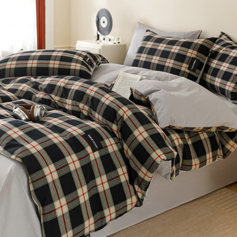 ROLAND LIVE全棉色织水洗棉四件套复古风格子被套纯棉透气学生宿舍三件套 KZ 色织水洗棉套件-慕岛 1.2米床 床单款 【被套150*200cm】