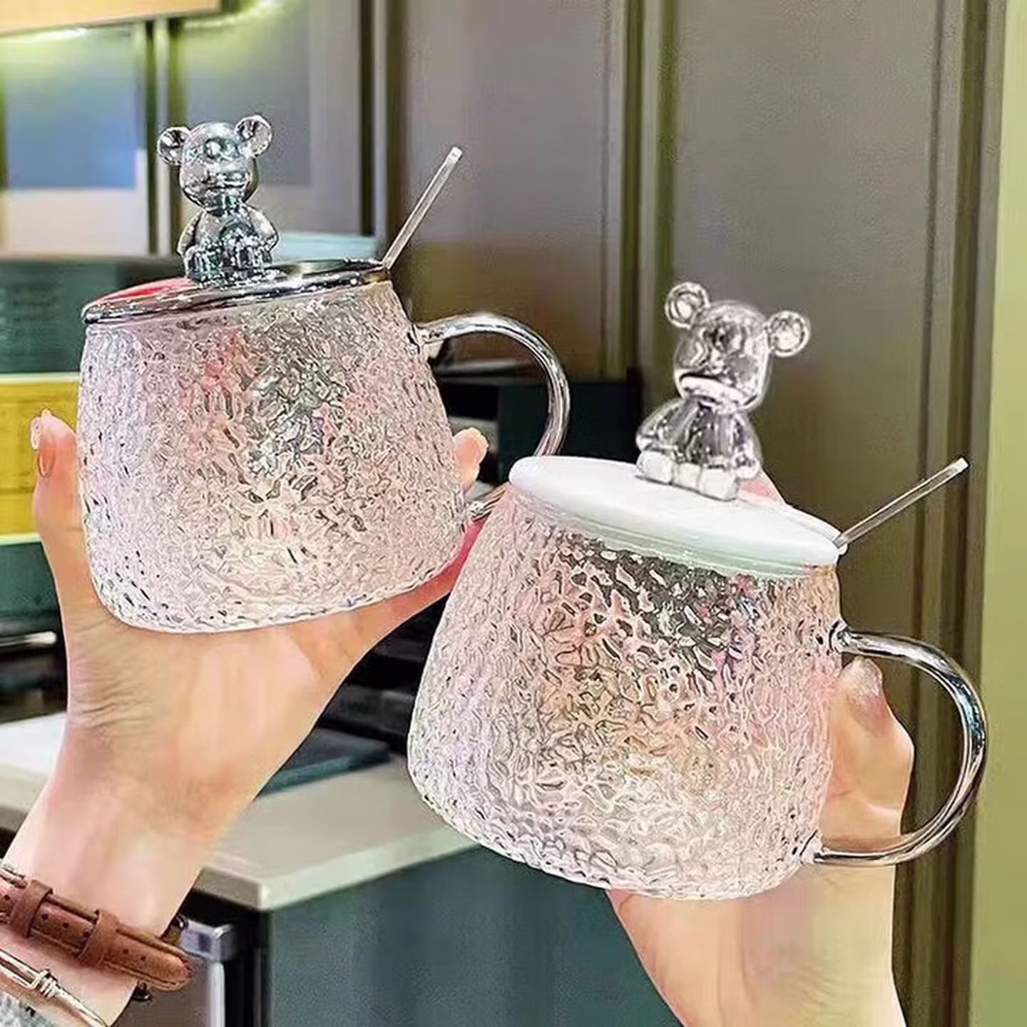 创意锤纹小熊玻璃杯女ins风高颜值水杯家用带盖透明早餐牛奶杯子 两套