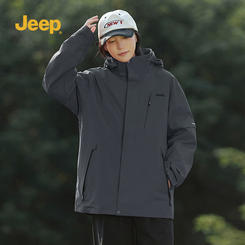 JEEP男装秋冬季新品男士户外运动三合一冲锋夹克上衣休闲连帽加绒外套 黑色 /抓绒内胆 4XL
