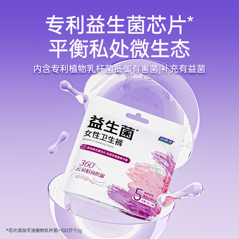 妇炎洁安心裤安睡裤卫生裤型夜用女性私密护理超薄裤型卫生巾纳米银抑菌 M-L码 20条 80-110斤 【益生菌款】