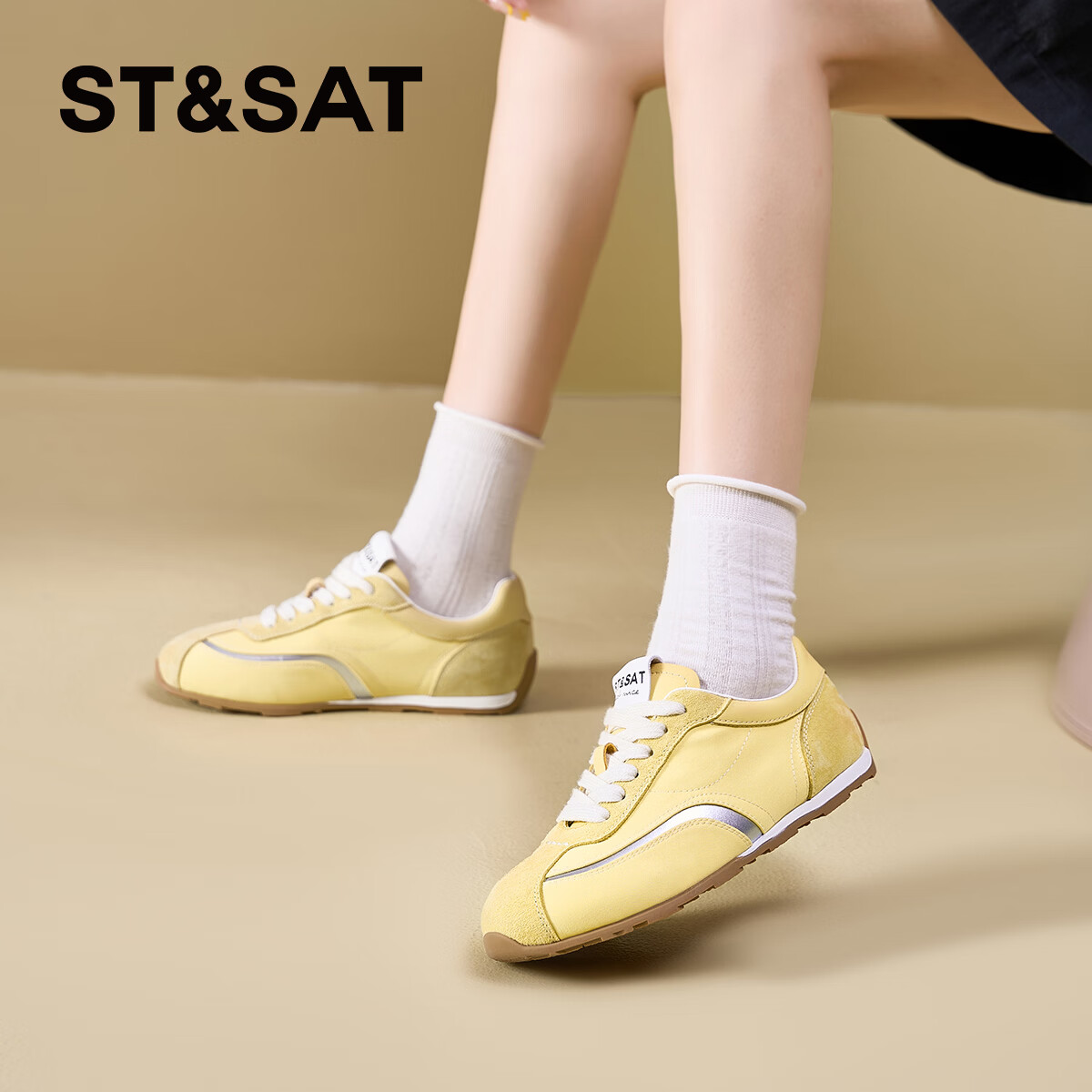 星期六（St&Sat）百搭拼色德训鞋2026春季新款透气网面休闲运动鞋阿甘鞋时尚女鞋子 黄色 37