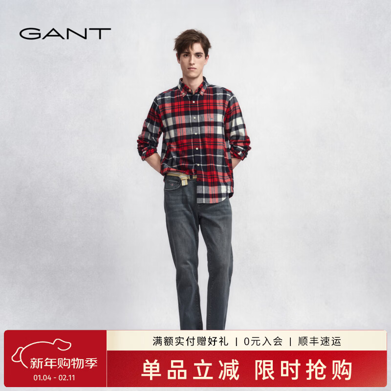 GANT/甘特25秋冬新款男100%棉格纹衬衫复古美式学院风百搭新年衬衫 630-红色 L