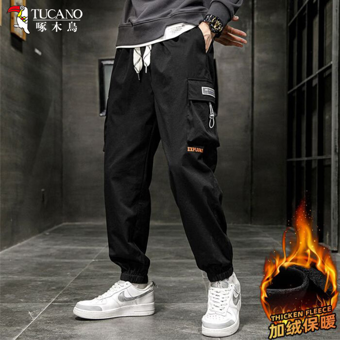 啄木鸟加肥加大工装裤男生夏季潮宽松束脚大码冲锋裤休闲运动长裤 黑色 M