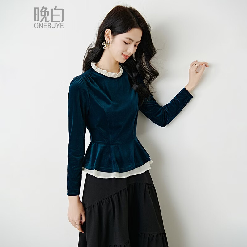 晚白2026春时尚撞色花边领法式温柔气质假两件丝绒上衣弹力修身打底衫 湖蓝色 L