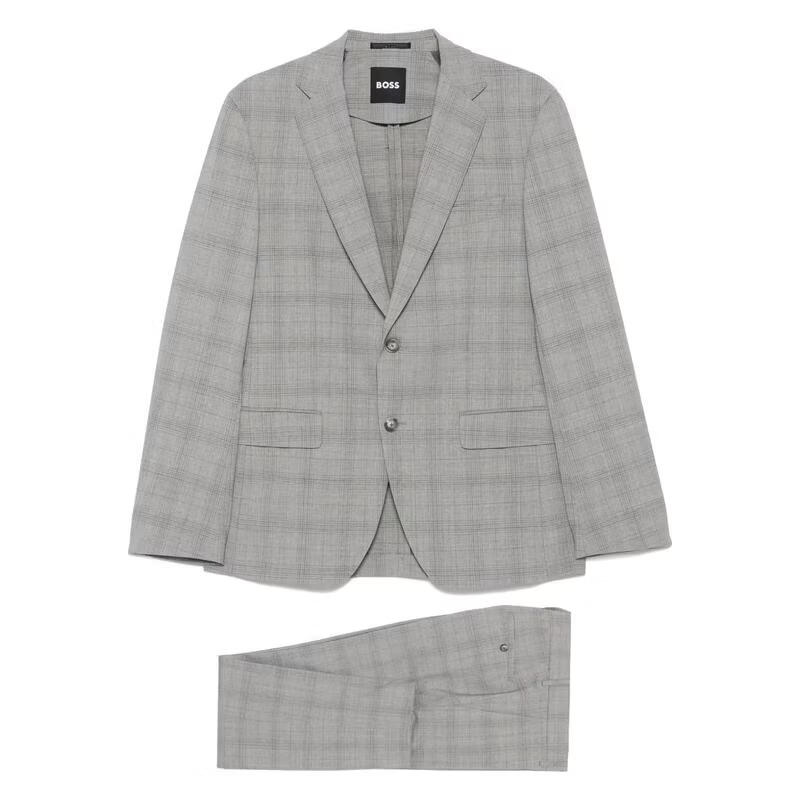 BOSS雨果博斯男士西裝修身挺括格紋商務(wù)職場(chǎng)外套正裝套裝 灰色 54