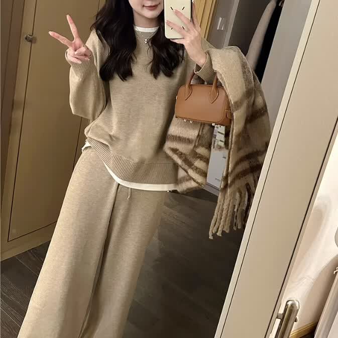 高品质秋季新款假两件毛衣阔腿裤女士两件套运动休闲时尚套装 卡其 L
