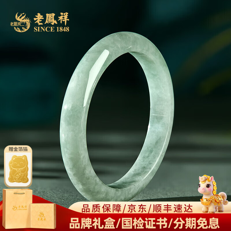 老凤祥翡翠手镯平安镯浅绿玉手镯缅甸糯种手镯送女友生日礼物情人节礼物 60圈口翡翠手镯