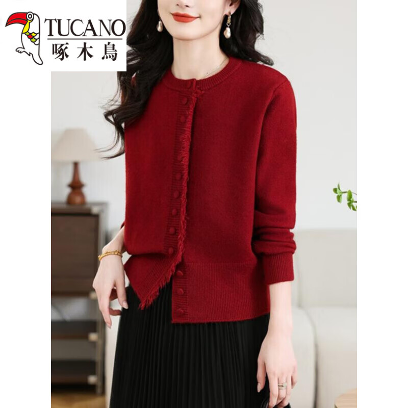 啄木鸟（TUCANO）针织衫女2025新款春秋洋气减龄短款外搭毛衣小外套女开衫针织衫 红色 L 【110斤-120斤】